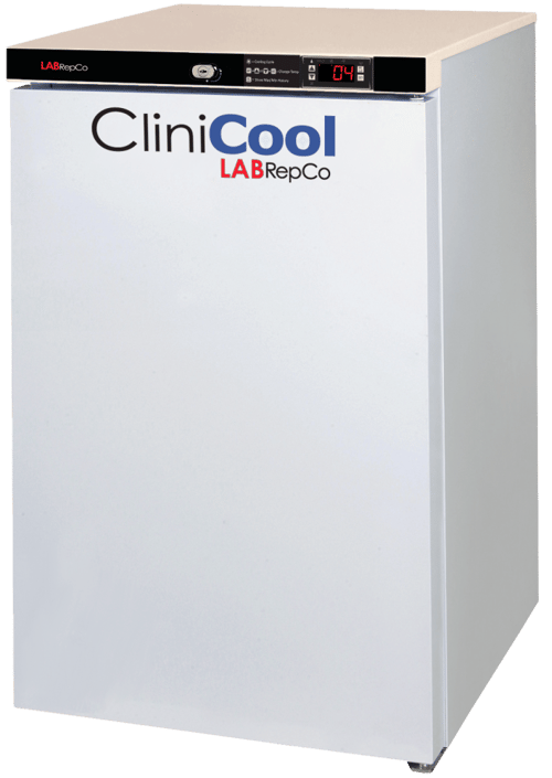 LabRepCo CliniCool Silver Series 2.5 Cu. Ft. undercounter or freestanding Medical-Grade Refrigerator for Vaccine Storage with a closed solid door and recessed handle on the side of the door