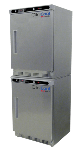 labrepco clinicool 9 cu.ft. Pharmacy/Vaccine Refrigerator and Freezer Stacked Combo unit with a solid stainless steel exterior and doors