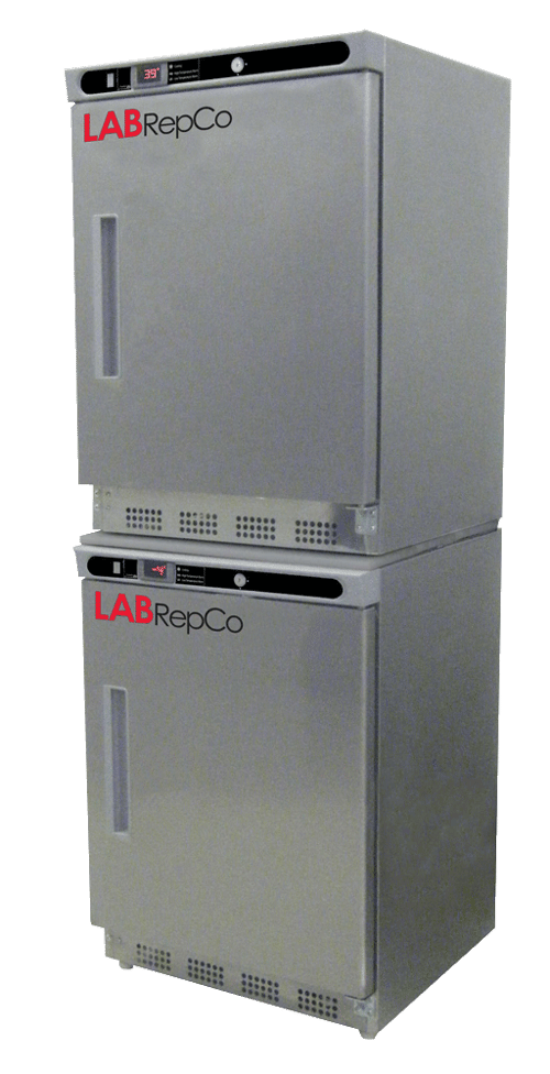 Labrepco laboratory Refrigerator Freezer Stacked Combo unit with stainless steel exterior and solid upper and lower doors