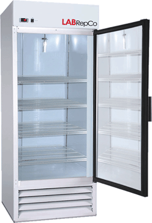 A Labrepco Futura Plus+ refrigerator with a 12 cubic foot internal capacity and a hinged glass door that is open.