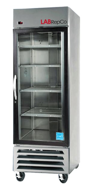 A labrepco branded laboratory refrigerator with stainless steel exterior, it is 27 cubic foot capacity with close glass door, pull handle and caster.