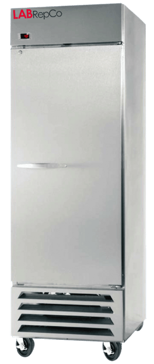A labrepco branded laboratory refrigerator with stainless steel exterior, with a 27 cubic foot interior capacity, showing a closed solid steel door, pull handle and casters