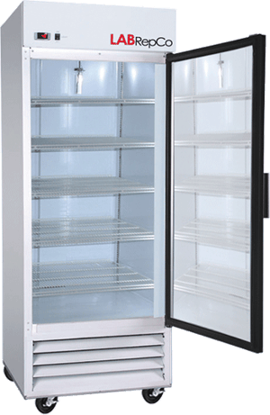 A labrepco branded 23 cu. ft. laboratory refrigerator with an open closed glass door, pull handle and casters