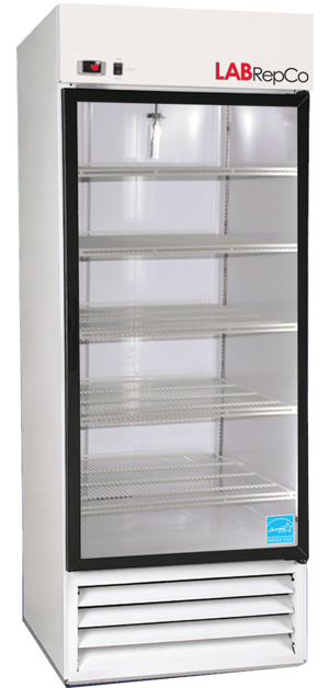 A labrepco Futura PLUS+ Series 27 Cu. Ft. Laboratory Refrigerator with Stainless Steel Glass Door and temperature display screen at the top