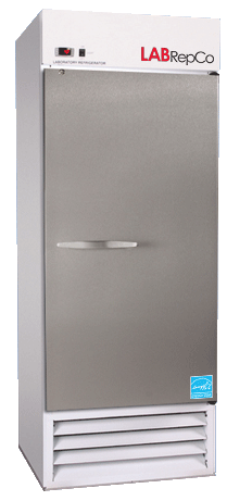 A labrepco Futura PLUS+ Series 27 Cu. Ft. Laboratory Refrigerator With Stainless Steel Door, horizontal steel pull handle and temperature display screen at the top