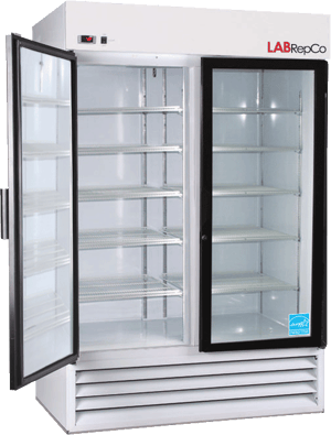 LabRepCo branded Futura PLUS+ Series 49 Cu. Ft. Laboratory Refrigerator with Hinged Glass Doors, one is open and one is closed