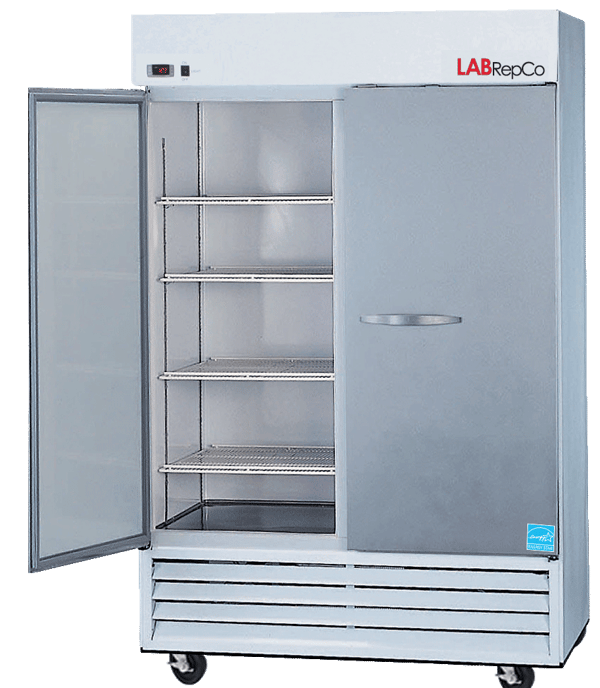 labrep co brand Futura PLUS+ Series 49 Cu. Ft. Laboratory Refrigerator with Stainless Steel Doors that have a horizontal pull handle. Open door is open and one is closed