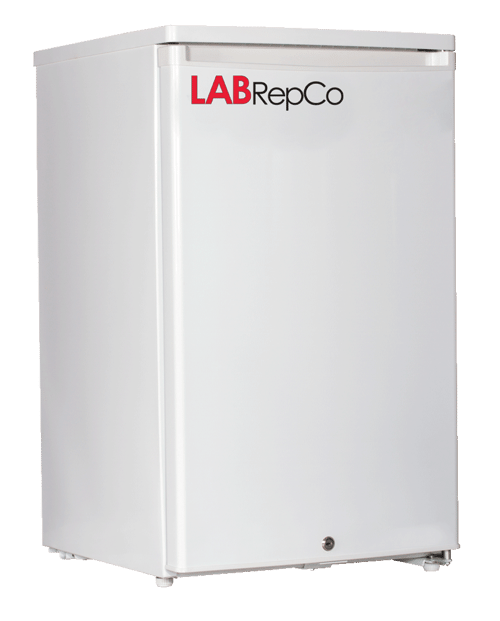 A Labrepco branded undercounter lab refrigerator with a 5 cubic foot internal capacity and a solid white door that is closed, handle for door is at the top of the door