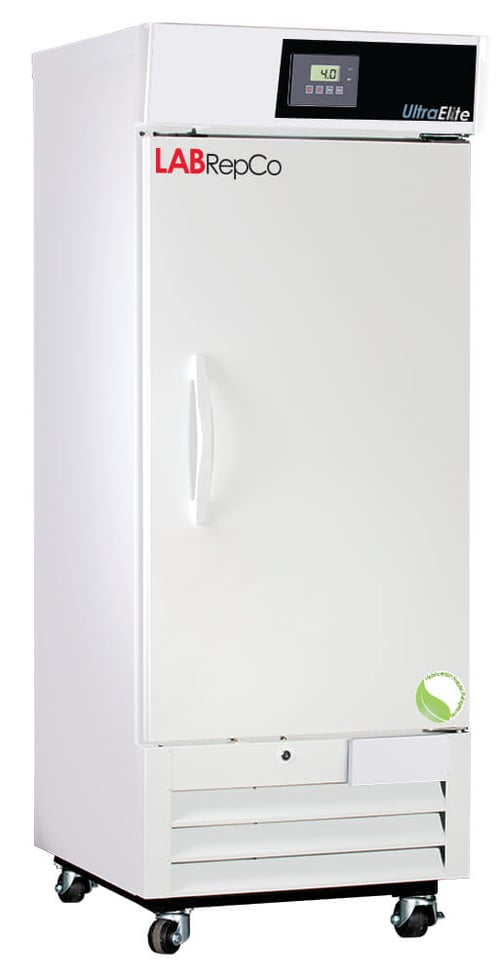 a labrepco Ultra Elite series 12 cu. ft. laboratory refrigerator with a closed solid door, pull handle and casters