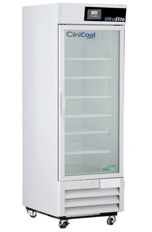a labrepco clinicool series Ultra Elite 23 cubic foot glass door medical-grade refrigerator with door closed and casters