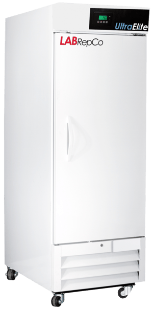 A labrepco ultra elite series 26 cu. ft. laboratory refrigerator with a closed solid door, pull handle, casters and temperature display at the top
