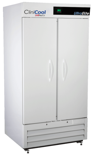 LabRepCo CliniCool© Ultra elite Series 36 Cu. Ft. Pharmacy/Vaccine Refrigerator with closed Hinged solid Doors that have pull handles and a temp display at the top of the unit