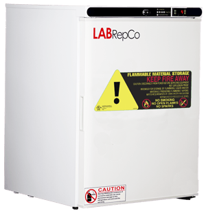 An undercounter, 5 cu. ft. laboratory freezer for flammable material storage with a labrepco label and warning sticker