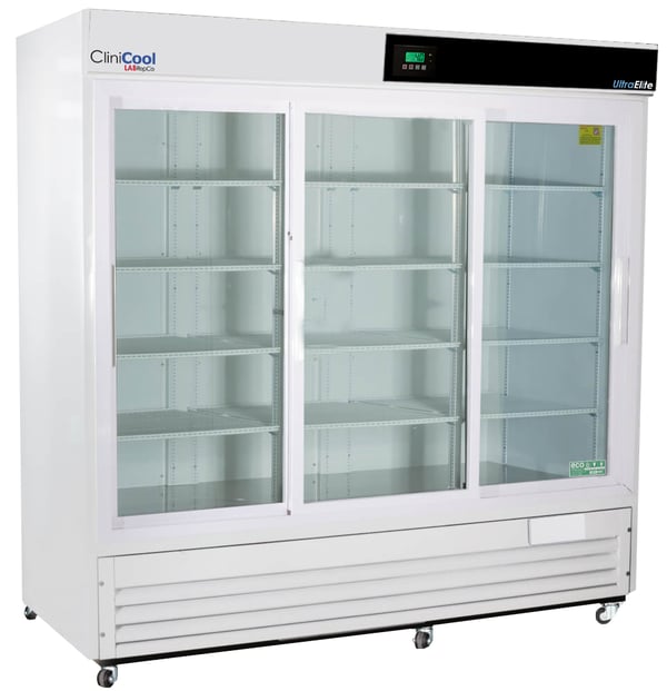 a labrepco clinicool ultra elite series 69 cubic foot triple door medical-grade refrigerator with sliding glass doors and casters