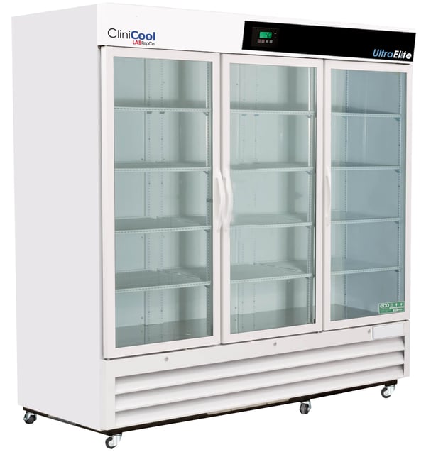 a labrepco clinicool ultra elite series 72 cubic foot triple door medical-grade refrigerator with glass doors and casters