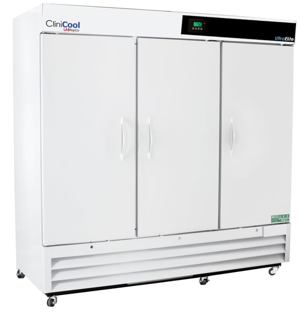 a labrepco clinicool series Ultra Elite 72 cubic foot triple door medical-grade refrigerator with solid doors and casters