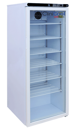 A Clinicool compact pharmacy refrigerator with a 10.5 cubic foot internal capacity and a glass door that is closed
