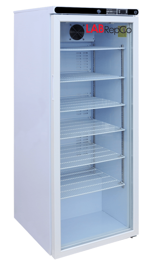 A Labrepco branded compact lab refrigerator with a 10.5 cubic foot internal capacity and the glass door that is closed