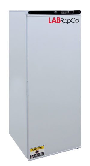 A Labrepco branded compact lab refrigerator with a 10.5 cubic foot internal capacity and the solid door that is closed