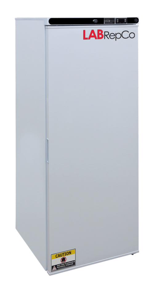 A Labrepco branded compact lab refrigerator with a 10.5 cubic foot internal capacity and the solid door that is closed