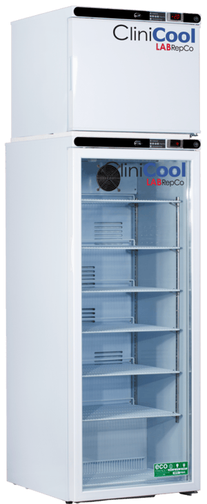 Clinicool labeled 12 cu.ft. laboratory Refrigerator & Freezer Stacked Combo unit with 10.5 fridge & 1.7 freezer interior capacity. Fridge has closed glass door and freezer has closed solid door