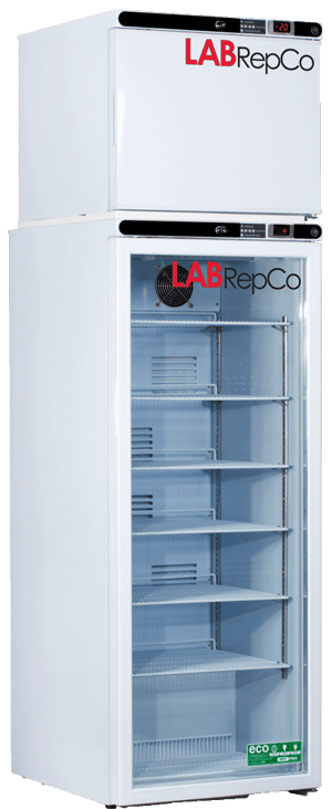 Clinicool labeled 12 cu.ft. laboratory Refrigerator & auto defrost Freezer Stacked Combo unit with 10.5 fridge & 1.7 freezer interior capacity. Fridge has closed glass door and freezer has closed solid door