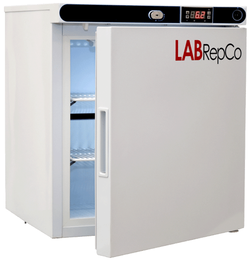 LabRepCo labeled Futura Silver Series with 1.3 Cu. Ft. interior capacity with solid white door that is cracked open with a recessed handle