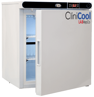 A Labrepco Clinicool brand benchtop medical-grade vaccine refrigerator with a 1 cubic foot internal capacity and the door slightly open