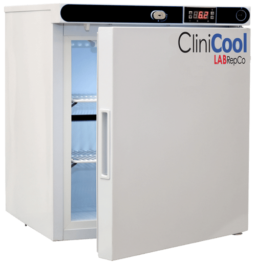 A Labrepco Clinicool brand benchtop medical-grade vaccine refrigerator with a 1 cubic foot internal capacity and the door slightly open