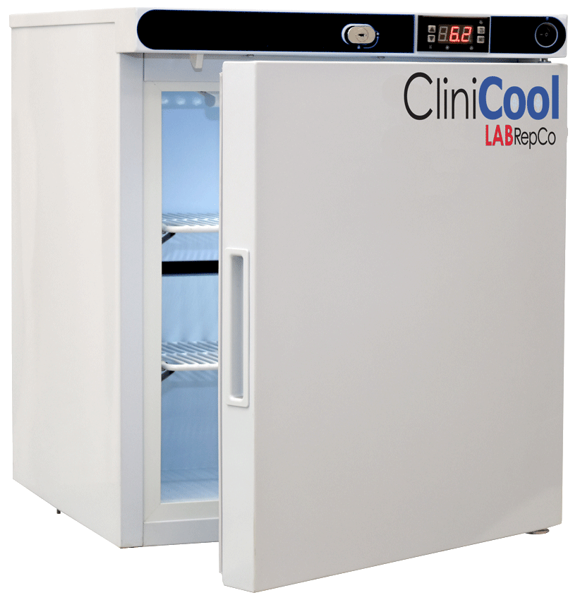 A Labrepco Clinicool brand benchtop medical-grade vaccine refrigerator with a 1 cubic foot internal capacity and the door slightly open