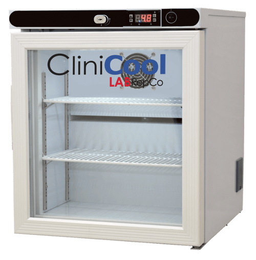 A Labrepco Clinicool brand benchtop medical-grade vaccine refrigerator with a 1 cubic foot internal capacity and a glass door