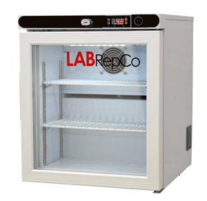 A Labrepco branded benchtop lab refrigerator with a 1 cubic foot internal capacity and a glass door that is closed