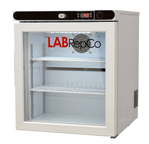 A Labrepco branded benchtop lab refrigerator with a 1 cubic foot internal capacity and a glass door that is closed