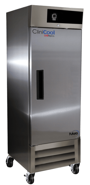 CliniCool labeled Silver Series 23 Cu. Ft. Pharmacy/Vaccine Refrigerator with stainless steel exterior and closed Hinged solid Door, recessed pull handle and temperature display at the top of the unit