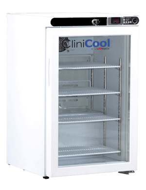 LabRepCo CliniCool Silver Series 2.5 Cu. Ft. undercounter or freestanding Medical-Grade Refrigerator for Vaccine Storage with a closed glass door and recessed handle on the side of the door