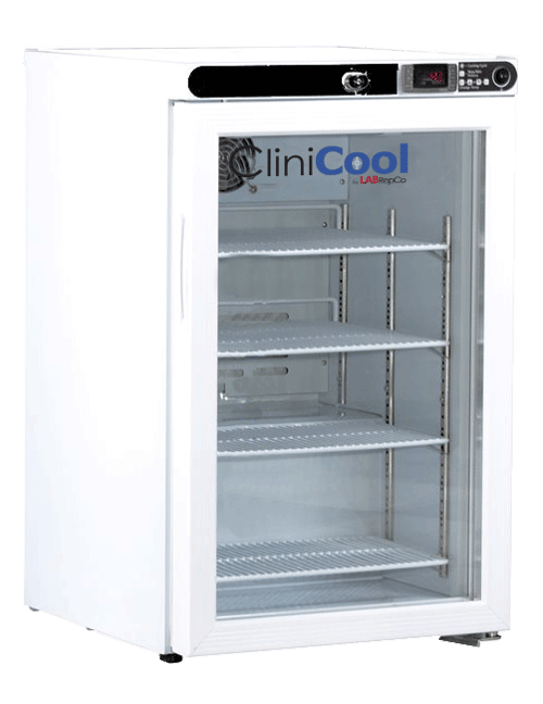 LabRepCo CliniCool Silver Series 2.5 Cu. Ft. undercounter or freestanding Medical-Grade Refrigerator for Vaccine Storage with a closed glass door and recessed handle on the side of the door