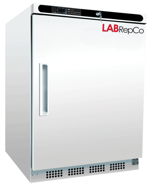 LabRepCo labeled Series freezer with 5 Cu. Ft. interior capacity with solid white door that is closed with a recessed handle. Also has a temperature display and key lock at the top of the unit.