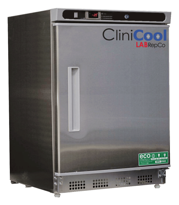 Clinicool labeled series freezer with 4.2 Cu. Ft. interior capacity with a stainless steel exterior and closed door