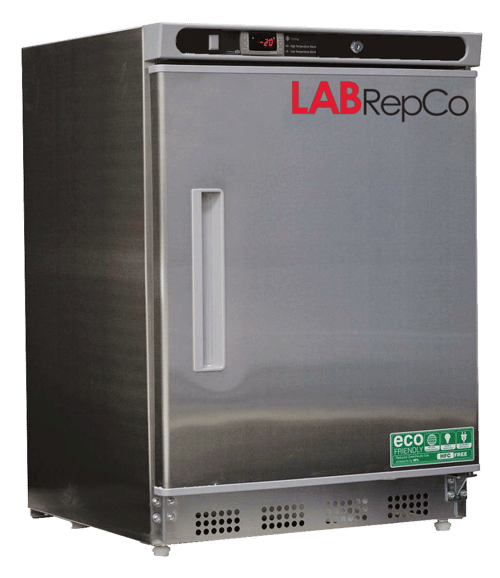 LabRepCo labeled Series freezer with 4.2 Cu. Ft. interior capacity with stainless steel exterior and door that is closed with a recessed handle