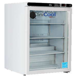 LabRepCo CliniCool Silver Series Prime 4.6 Cu. Ft. freestanding Medical-Grade Refrigerator for Vaccine Storage with a closed glass door and a recessed handle