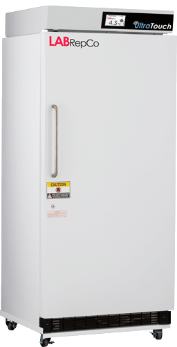 LabRepCo labeled Series freezer with 30 Cu. Ft. interior capacity with solid white door that is closed with metal pull handle. Also has a touch display screen, showing casters