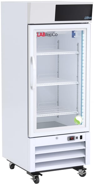A Labrepco branded lab refrigerator with a 12 cubic foot internal capacity and a hinged glass door that is closed and has casters