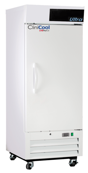 A LabRepCo branded CliniCool labeled Ultra Series 12 Cu. Ft. Pharmacy/Vaccine Refrigerator with a Hinged solid Door that is closed and pull handle