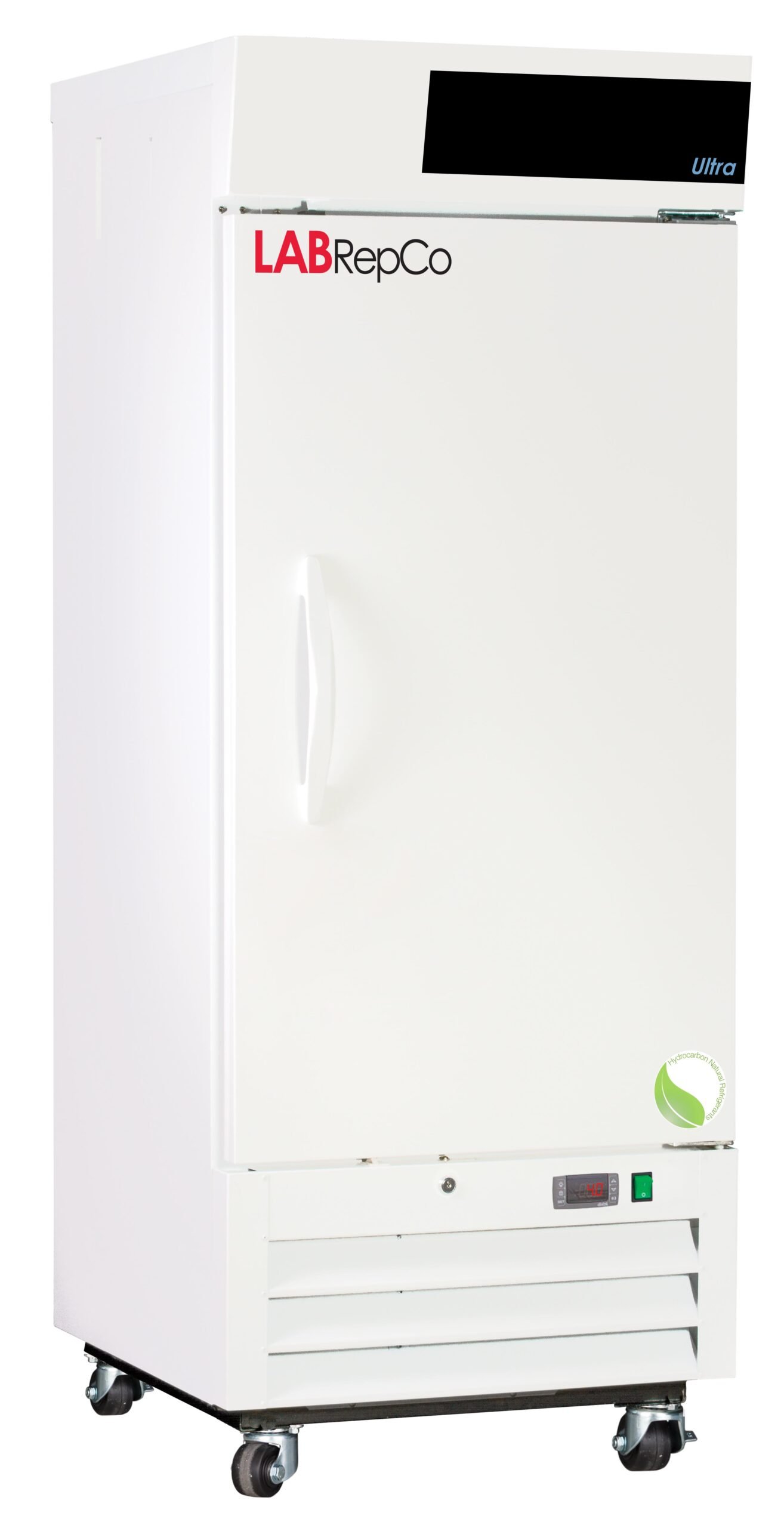 A Labrepco branded lab refrigerator with a 12 cubic foot internal capacity and a solid door that is closed and has casters