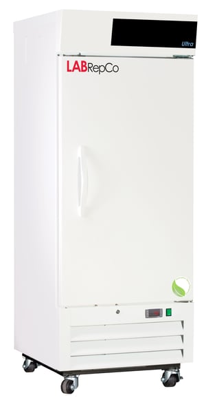 A Labrepco branded lab refrigerator with a 12 cubic foot internal capacity and a solid door that is closed and has casters