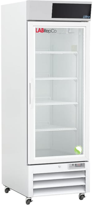 A labrepco 23 cu. ft. laboratory refrigerator with a closed glass door, pull handle and casters