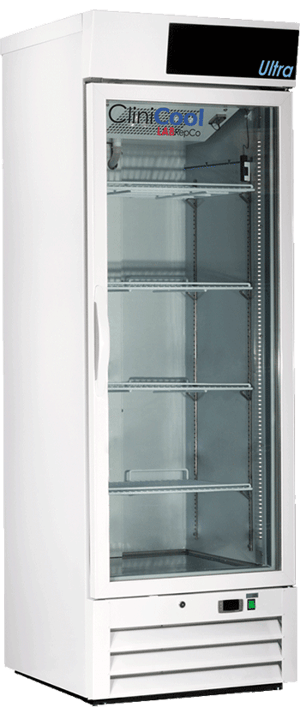 CliniCool labeled Ultra Series 23 Cu. Ft. Medical-Grade Refrigerator for Vaccines with Hinged Glass Door that is closed, pull handle and temperature display at the bottom of the unit
