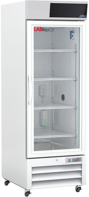 A labrepco 23 cu. ft. chromatography refrigerator with a closed glass door, pull handle and casters