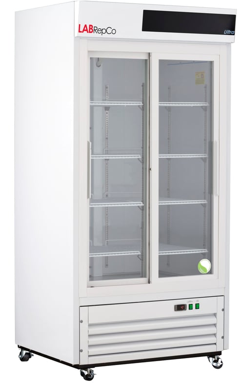 LabRepCo Ultra Series 33 Cu. Ft. Laboratory Refrigerator with Sliding Glass Door and temperature display at the bottom of the unit