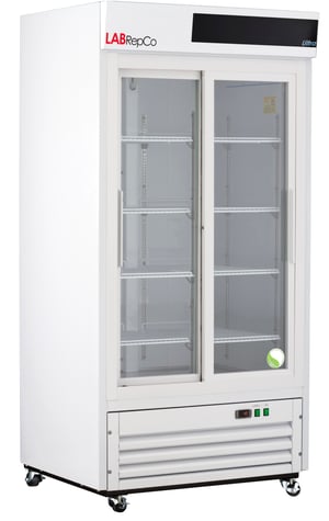 LabRepCo Ultra Series 33 Cu. Ft. Laboratory Refrigerator with Sliding Glass Door and temperature display at the bottom of the unit